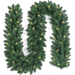 Clearance 9FT Pre-Lit Artificial Christmas Garland,Battery Operated Garland with 50 LED Lights and Timer,Realistic Classic Evergreen Pine Spruce for Stair Railing Indoor Outdoor