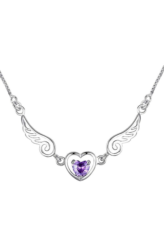 Angel Wings Heart Necklace 925 Sterling Silver Angel Necklace for Women Guardian Angel Necklace Opal Jewelry Gifts (Purple)