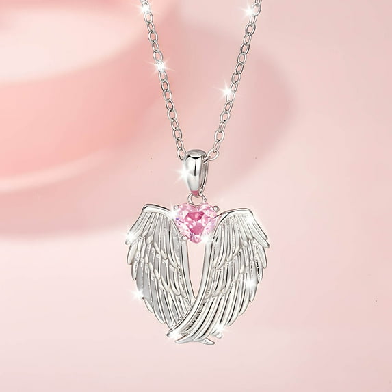 Angel Wings Necklace 925 Sterling Silver Jewelry Guardian Angel Wings Pendant Necklace Birthstone Necklace Jewelry for Women (Pink)