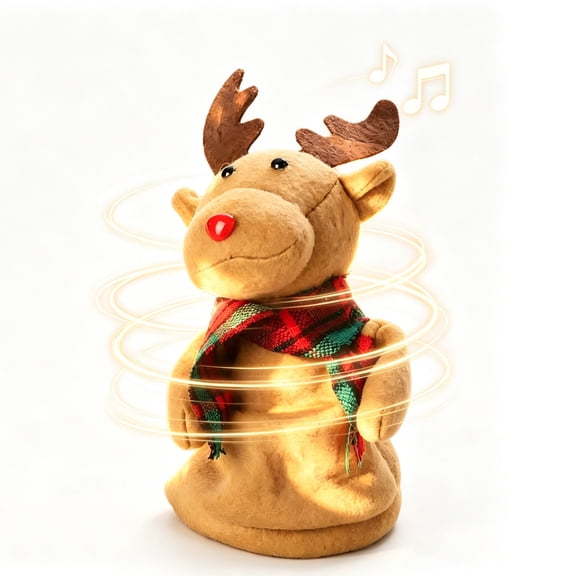 Clearance! Animated Dancing Christmas Reindeer Plush with Music and Spinning Motion, Rotatable Cute Reindeer Figurine, Festive Tabletop Decoration for Home, Mantel, Countertop and Holiday Parties