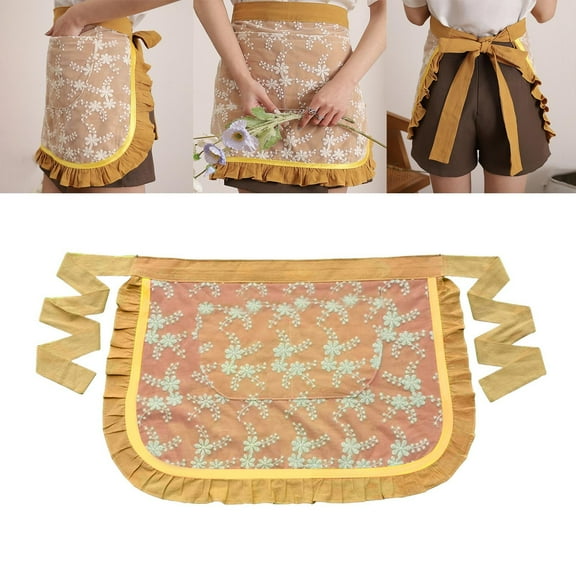 Clearance Apron Sleeve under $7 Waist Apron Soft Oil Proof Lace Embroidered Women Server Waitress Short Half Apron With 2 Pockets For Kitchen