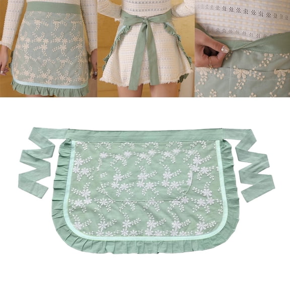 Clearance Apron Sleeve under $7 Waist Apron Soft Oil Proof Lace Embroidered Women Server Waitress Short Half Apron With 2 Pockets For Kitchen