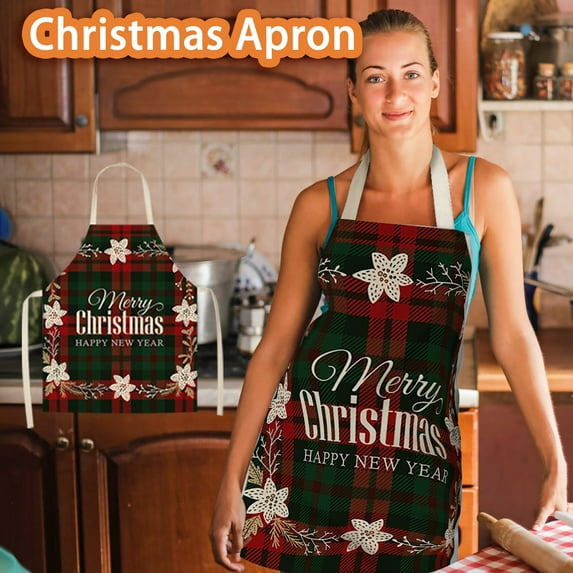 Clearance Aprons for Women, Family Kitchen Christmas Print Linen Adult Apron, Multi-Purpose and Easy to Clean