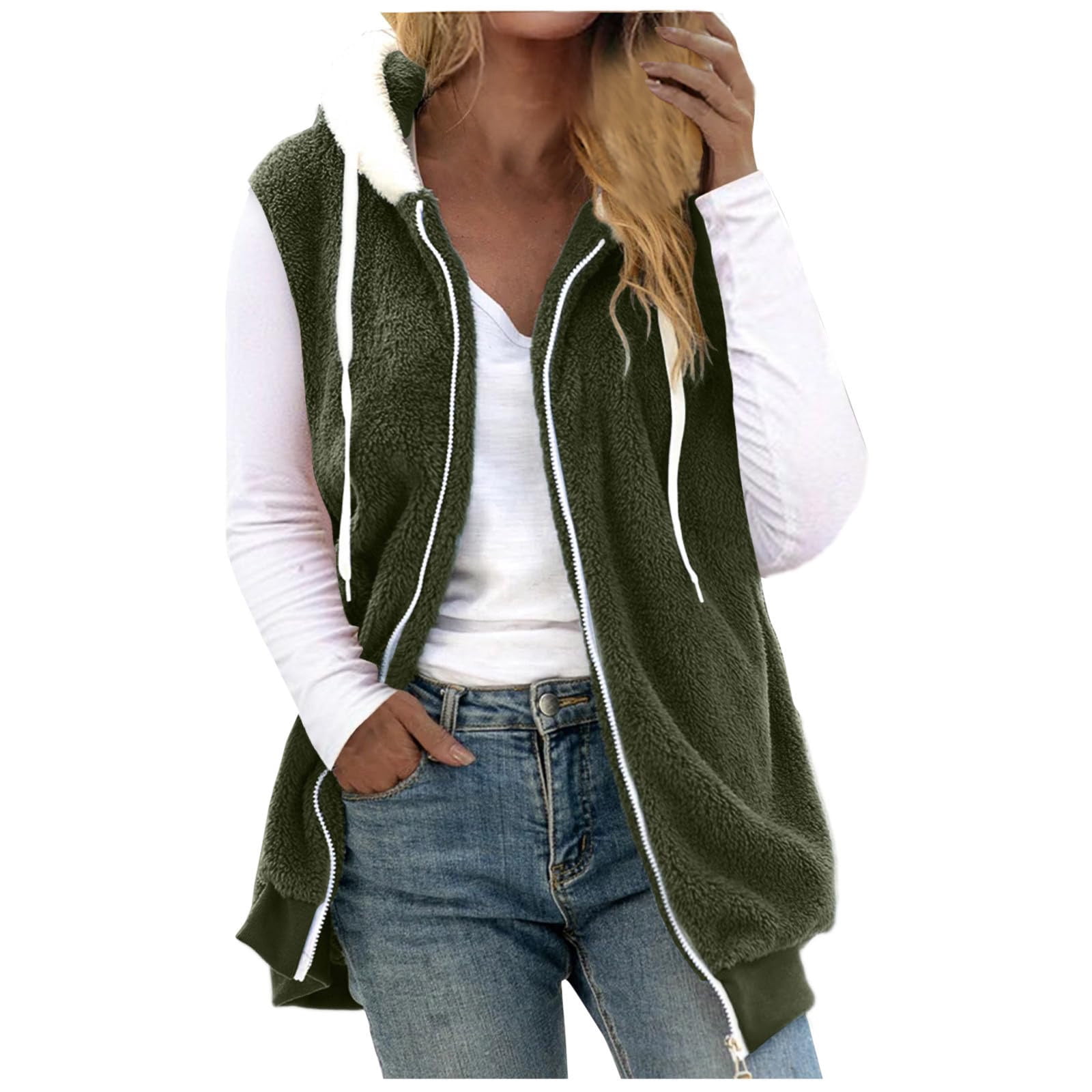 Clearance Plus Size Women Winter Warm Jacket Sleeveless Hooded Zip Up Vest  Double-Side Sherpa Fleece Waistcoat Loose Outerwear Pocket S-5XL