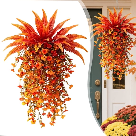 Clearance Artificial Fall Harvest Hanging Basket - Autumn Porch & Door Decoration, Real Looking Artificial Flowers, Uv Resistant & Waterproof, for Garden Porch Window Box Home Wedding Decor