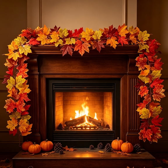 Clearance Artificial Fall Maple Garland, Autumn Harvest Colored Vine, Thanksgiving Day Decor for Fireplace Shelf, Staircase Banister, Window Frame, Dining Table, Wedding Arch and Home Ornament
