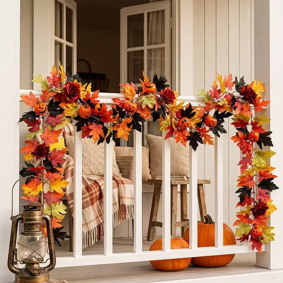 Clearance Artificial Fall Maple Garland, Autumn Harvest Colored Vine, Thanksgiving Day Decor for Fireplace Shelf, Staircase Banister, Window Frame, Dining Table, Wedding Arch and Home Ornament