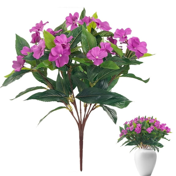 Clearance! Artificial Flowers for Outdoors Impatiens Flowers Bouquet Decorations Faux Plants for Spring Summer Garden Porch Patio Window Box Balcony Home