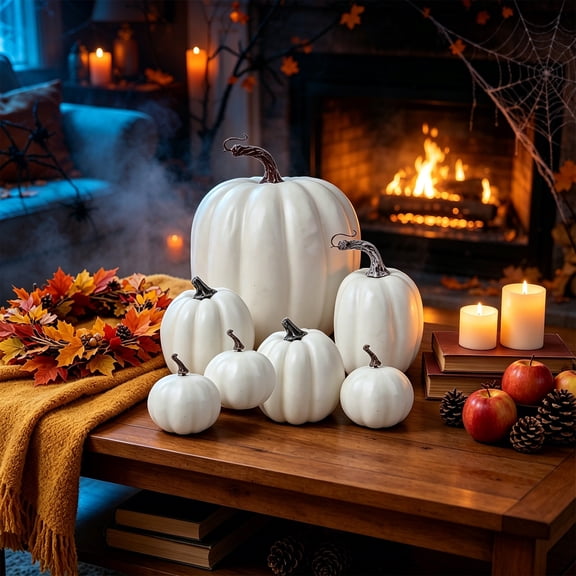 Clearance Artificial Foam Pumpkins, 7 Pcs Fake Pumpkin Set in Orange Black or White, Fall Decor for Table Mantel