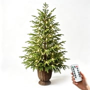 Clearance Artificial Norfolk Pine Christmas Tree, 4FT Fake Potted Tree Faux Plant with LED for Front Door Indoor Outdoor Porch Room Office Holiday Home Xmas Decor