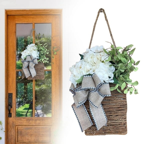 Clearance Artificial flowers under $10,Wildflower Hanging Basket Wreath Fabric Door Decor With Rattan Design & Faux Linen Bow All Season Front Porch Decor For Home Farmhouse Or Classroom