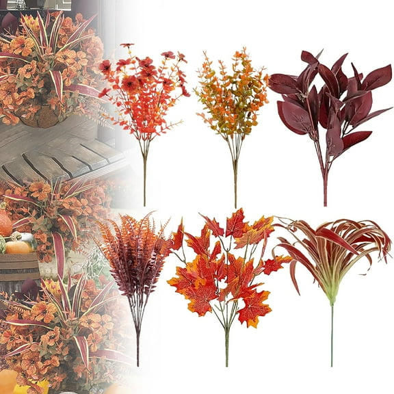 Clearance Artificial flowers under $15,16 Bundles 6 Styles Artificial Fall Flowers For Outdoors Fall Decor Mums Fall Plants No Fade Fern Orange Picks Autumn Thanksgiving