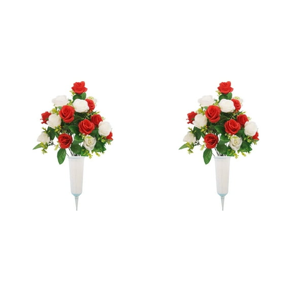 Clearance Artificial flowers under $10,1 Set Cemetery Memorial Artificial Flower Rose Bouquet With Vase Sympathy Floral Decor