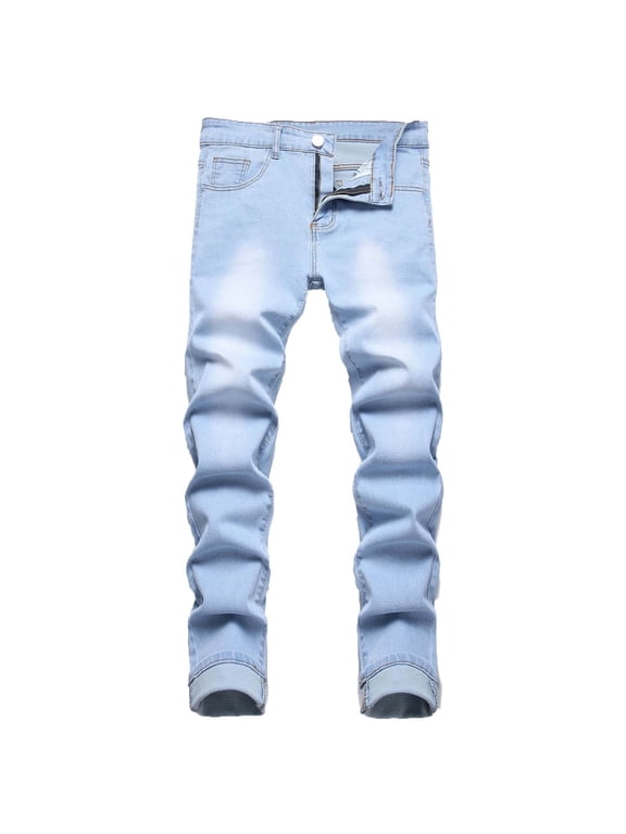 Men's Regular Fit Comfort Flex Waist Jean Men's Casual Cotton Straight Ripped Hole Trousers Jeans Pants Full Length Pants Ndbuld,Light Blue,M