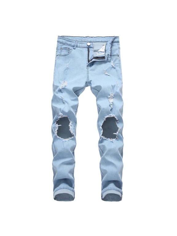 Men's Regular Fit Comfort Flex Waist Jean Men's Casual Cotton Straight Ripped Hole Trousers Jeans Pants Full Length Pants Ndbuld,Light Blue,3XL