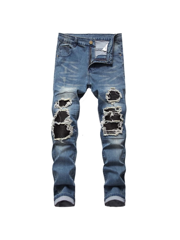 Men's Regular Fit Comfort Flex Waist Jean Men's Casual Cotton Straight Ripped Hole Trousers Jeans Pants Full Length Pants Ndbuld,Blue,M