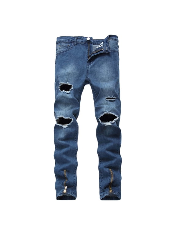 Men's Regular Fit Comfort Flex Waist Jean Men's Casual Cotton Straight Ripped Hole Trousers Jeans Pants Full Length Pants Ndbuld,Blue,XL