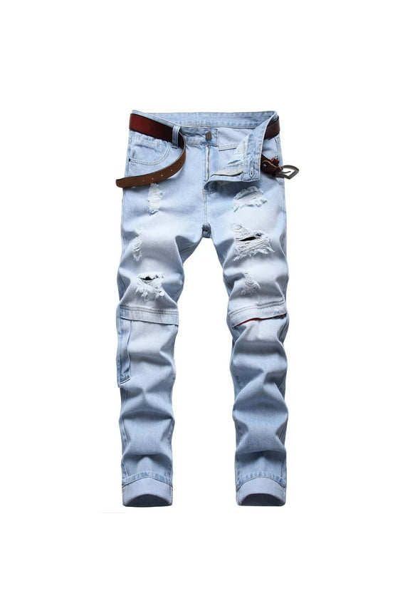 Authentics Men's Regular Fit Comfort Flex Waist Jean Men's Casual Cotton Straight Ripped Hole Trousers Jeans Pants Full Length Pants Ndbuld,Light Blue,2XL