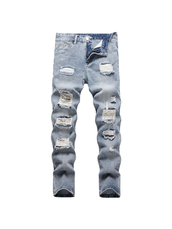Men's Regular Fit Comfort Flex Waist Jean Men's Casual Cotton Straight Ripped Hole Trousers Jeans Pants Full Length Pants Ndbuld,Blue,L
