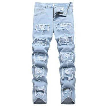 on Clearance Authentics Men's Regular Fit Comfort Flex Waist Jean Men's Casual Cotton Straight Ripped Hole Trousers Jeans Pants Full Length Pants Ndbuld,Blue,XL