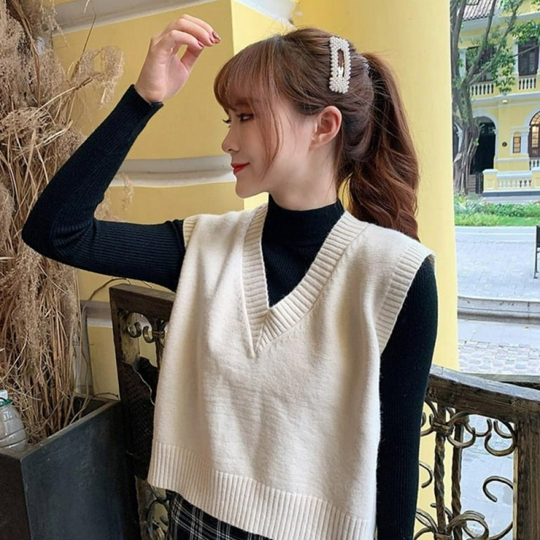 Clearance!Autumn Sleeveless Sweater Women Sweet Solid Color V Neck Knitted  Loose Sleeveless Slim Vest Jumpers Pull Femme White 