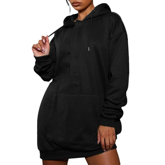 Clearance Autumn Winter Long Hoodie Long Sleeve Drawstring Solid Fleece Sweatshirt with Hood Comfy Hoodie Dress Kangaroo Pocket