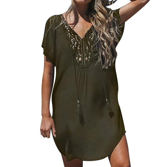 Clearance!BKQCNKM Bathing Suit Cover Up for Women, Beach Vacation Clothes for Women, Cover Ups for Swimwear Women, Lace V Neck Crochet Coverups for Women, Bikini Cover Up, Army Green L