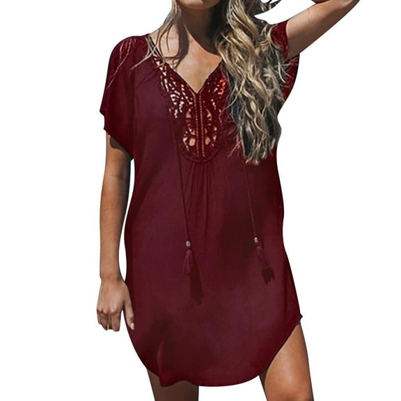 Clearance!BKQCNKM Beach Coverups for Women 2025, Beach Vacation Clothes for Women, Cover Up Dress, Lace V Neck Crochet Coverups for Women, Swim Coverups for Women 2025, Wine XXL