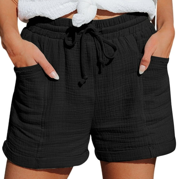 BKQCNKM Beach Vacation Clothes for Women, Beach Shorts for Women, Wide Leg Shorts for Women, Gauze Shorts for Women, Linen Shorts for Women, Black 2 XL