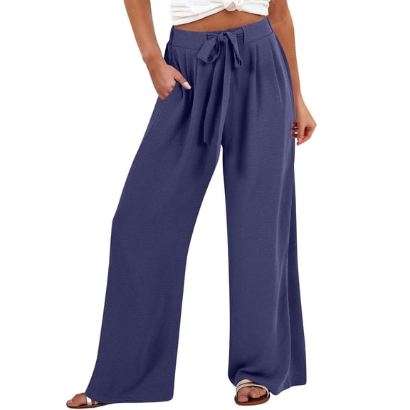 BKQCNKM Linen Pants Women, Women Beach Fashion, Flowy Pants for Women, Linen Wide Leg Pants Casual Loose High Waist Beach Haren Pants Pockets, Baggy Pants, Dark Blue 4XL