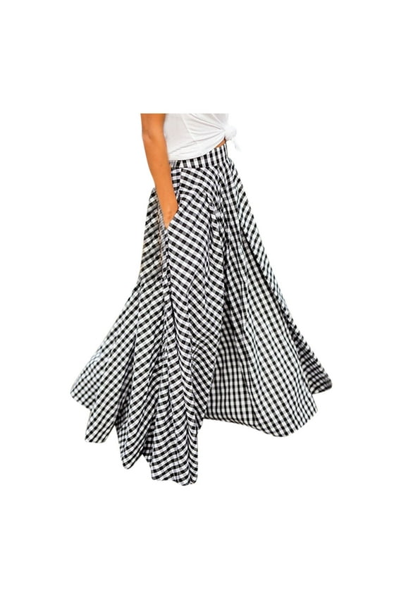 Maxi Skirt Flowy Skirts for Women Plaid Print Skirt with Large Hem and High Waist Pocket Skirt Long Dresses for Women Black L
