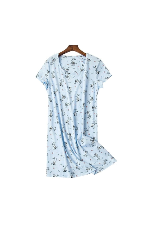 Nightgowns for Women Cotton Nightgowns for Women Plus Size Nightgowns for Women Cute Knitted Cotton Short Sleeved Round Neck Pajamas Sleepwear for Women Blue L