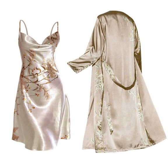 BKQCNKM Robe Sets for Women, Nightgown and Robe Set, Satin Nightgowns for Women, Satin Robe for Women, Lounge Sets for Women, Gray XL