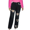 thumbnail image 1 of BKQCNKM Straight Jeans for Women Rhinestone Jeans Glitter Jeans Heart Cutout Jeans High Waist Baggy Denim Pants Y2k Jeans, Black L, 1 of 9