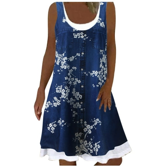 BKQCNKM Sundresses for Women Floral Dress for Women Long Beach Casual Dress Maxi Loose Floral Printing Sleeveless Dress Plus Size Dress Dark Blue L