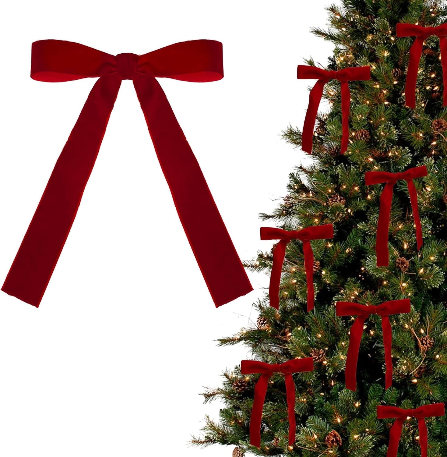 Wine Red Velvet Christmas Tree Bows with Gold Ties, Set of 12