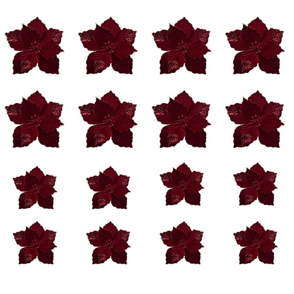 (Clearance) BNNG 16 Pcs Red PoinsettiaFlowers Decoration Artificial Christmas Velvet Flowers Glitter MagnoliaFlower Ornaments for Christmas Tree Wreath Garland Decor 9.4 Inch And 6.3inch