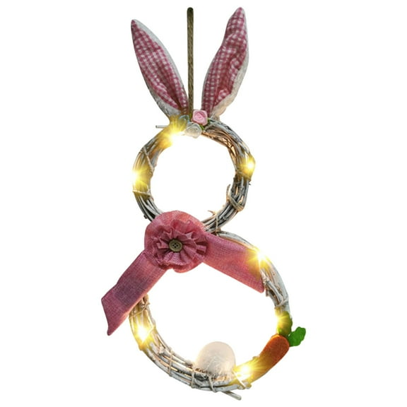 BNNG LED Easter Bunny Wreath 19" Rattan Spring Door Decor Spring Bunny Wreath for Front Door Easter Decorations with Eggs Carrots and Flowers for Home Decor,Pastel Holiday Wall Hanging