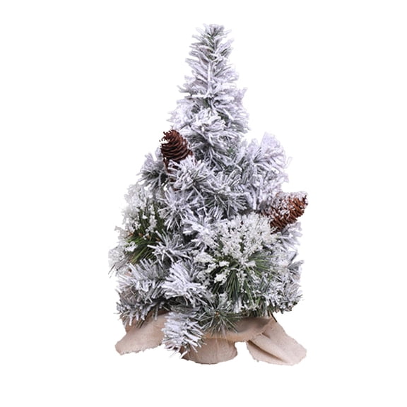 BNNG Artificial Mini Snowy White Christmas Tree,11.8inch Small Table Top Snow Flocked Christmas Tree with Lights Red Berries Pine Cones and Cloth Bag Base for Xmas Indoor Home Desk Decor