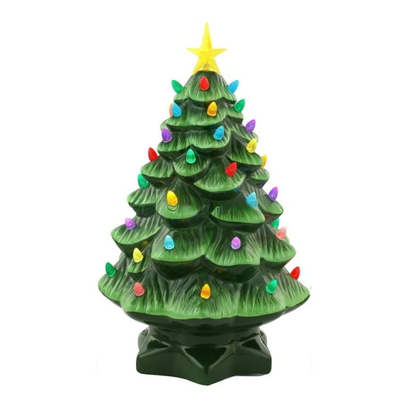 (Clearance) BNNG Best Choice 5.9in Ceramic Christmas Tree, Pre-lit Hand-Painted Tabletop Holiday Tree, Star Topper, with Multicolor Lights Green Xmas Holiday New Year Gifts Home Office Desk Decor