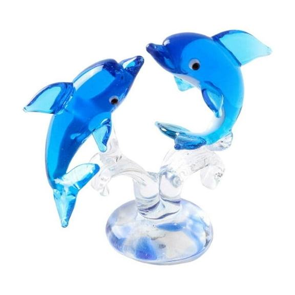 (Clearance) BNNG Blue Crystal Glass Dolphins Figurines Collectibles, Miniature Handmade Sea Animal Sculpture Statue, Birthday for Women Men Kids, Home Office Desk Decorations