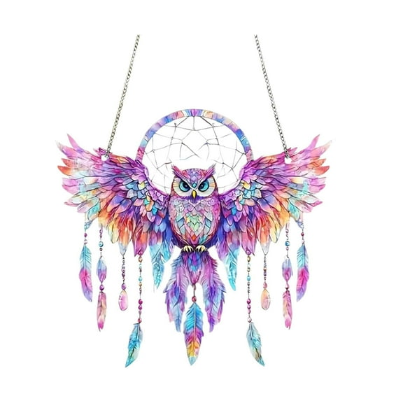 (Clearance) BNNG Charming Owls Dreamcatcher Design Acrylic Window Hanging Ornaments, Dream Color 2D Flat Acrylic Owl Wall Decor for Housewarming Gift Home Hanging Decor Chain Accessories