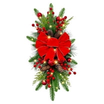 (Clearance) BNNG Christmas Teardrop Swag for Front Door, 23.6 Inch Artificial Greenery Swag Winter Teardrop Xmas Swags with Red Berries Bow Pine Cones Xmas Balls for Holiday Window Wall Decor