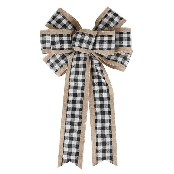 (Clearance) BNNG Christmas Tree Topper, Handmade Buffalo Plaid Christmas Decorations, White Black Christmas Bow Topper, Rustic Farmhouse Xmas Decorations Home Decor