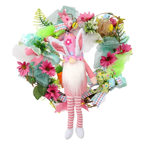 (Clearance) BNNG Easter Door Wreath, Bunny Wreaths with Butt Ears Wreath for Spring Front Door Decor, Rabbit Decor Bunny Garland with Ribbons for Farmhouse Home Wall (Non Glowing)