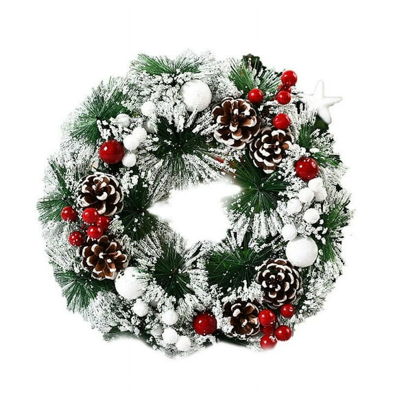 (Clearance) BNNG New Year Door Wreath Green Christmas Wreath Berry Wreath Handmade Floral Front Door Rustic Wreath Flocked with Mixed Decorations Christmas Decorations Home Decor
