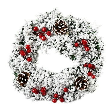 (Clearance) BNNG New Year Door Wreath Green Christmas Wreath Berry Wreath Handmade Floral Front Door Rustic Wreath Flocked with Mixed Decorations Christmas Decorations Home Decor