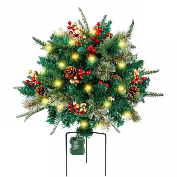 BNNG Pre-lit Christmas Urn Filler, Lighted Artificial Mini Xmas Pine Trees with Tripod Stake, Light Up 8 Modes & Timer, Battery Powered Outdoor Planter Filler Festival Holiday Home Decor