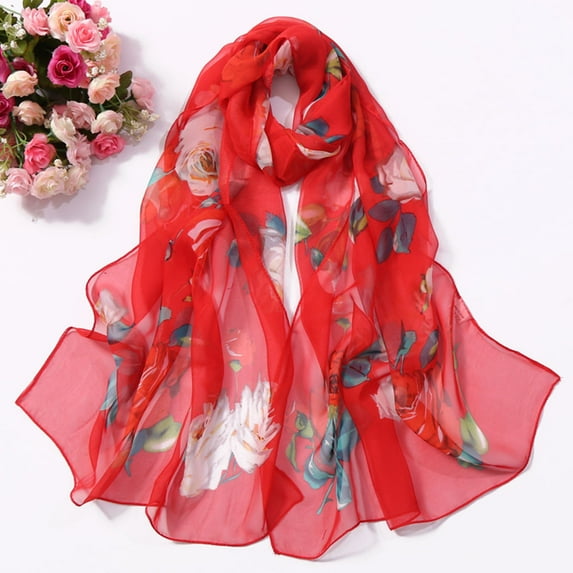 Clearance! Baberdicy Fashion Women Roses Printing Long Soft Wrap Scarf Simulation Silk Shawl Scarves Red