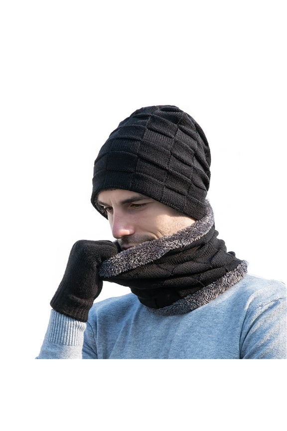 Clearance! Baberdicy Men's Winter Hat Cap Collar Set Plus Velvet Thick Knit Hat and Muffler Gloves Black